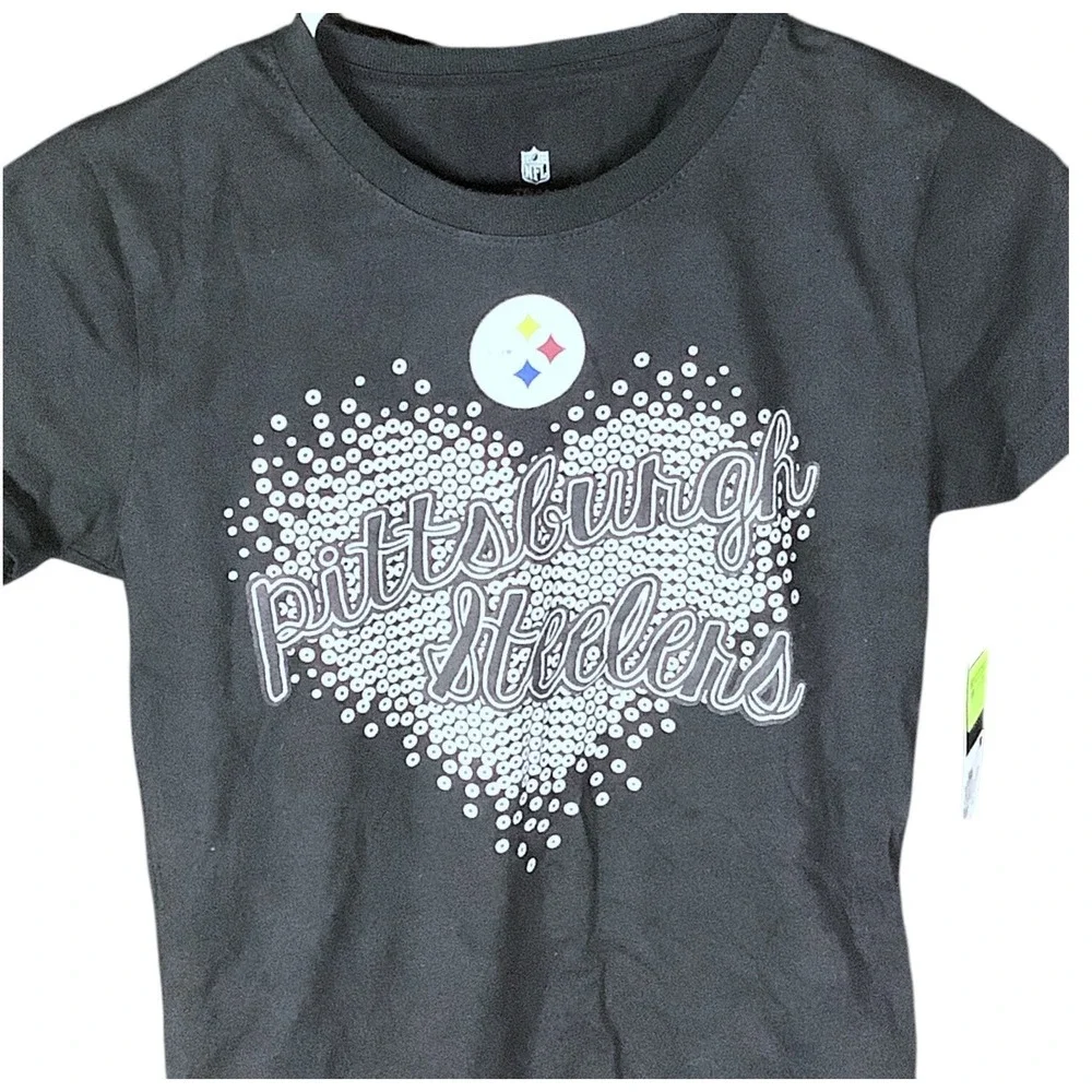 NFL Team Apparel Steelers T-Shirt Youth Girls XL‎ Silver Heart Black Sportwear